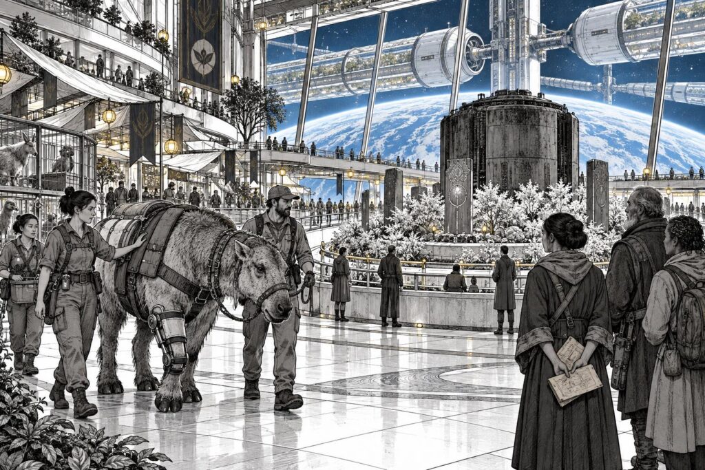 Handlers guide an injured working animal through an orbital market, with connected habitat cylinders and a memorial garden beyond.