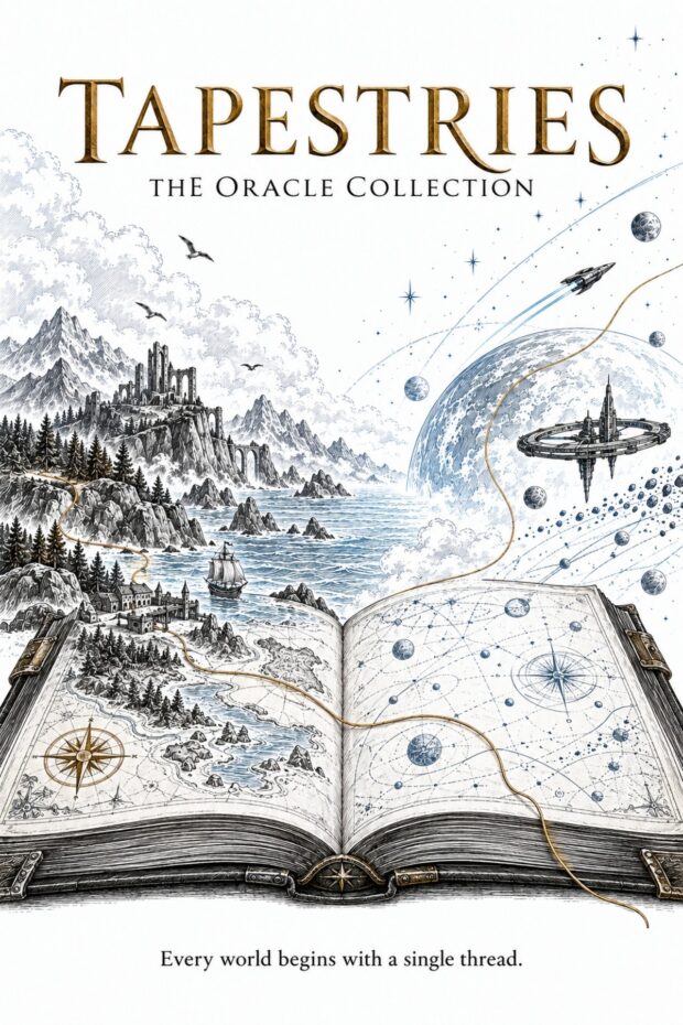 Tapestries: The Oracle Collection cover, with an open book linking fantasy shores and distant planets