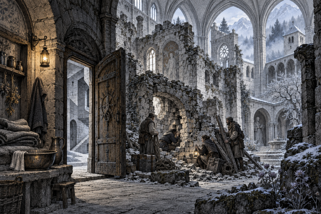 Rescuers gather ropes beside a crumbling passage inside an old healing sanctuary enclosed by newer stone arches; a lamp lights a sheltered alcove and strange doorway.
