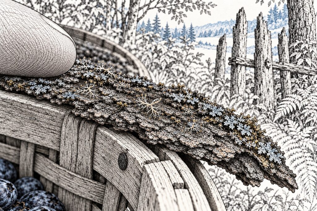 Tiny branching colonies on a strip of bark across a basket rim, with a fingertip for scale and woodland fence stakes behind them.