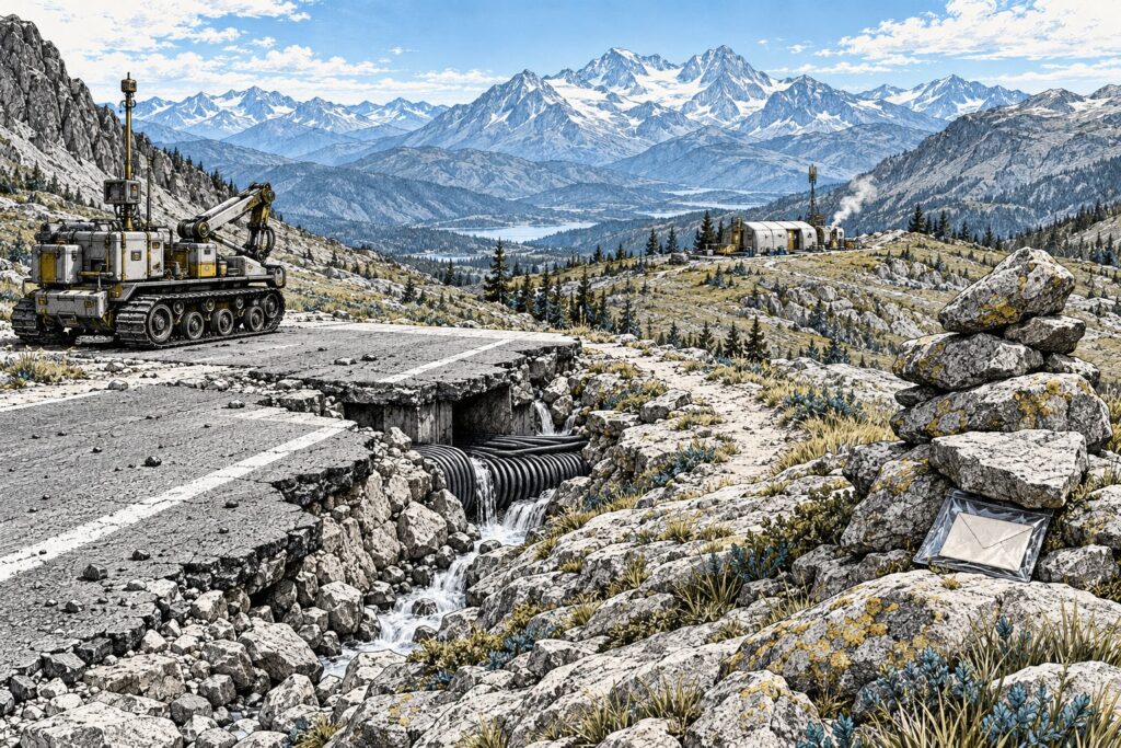A protected letter rests beneath a cairn beside a broken foothill road, with a maintenance rover nearby and a cooking shelter across the hollow.