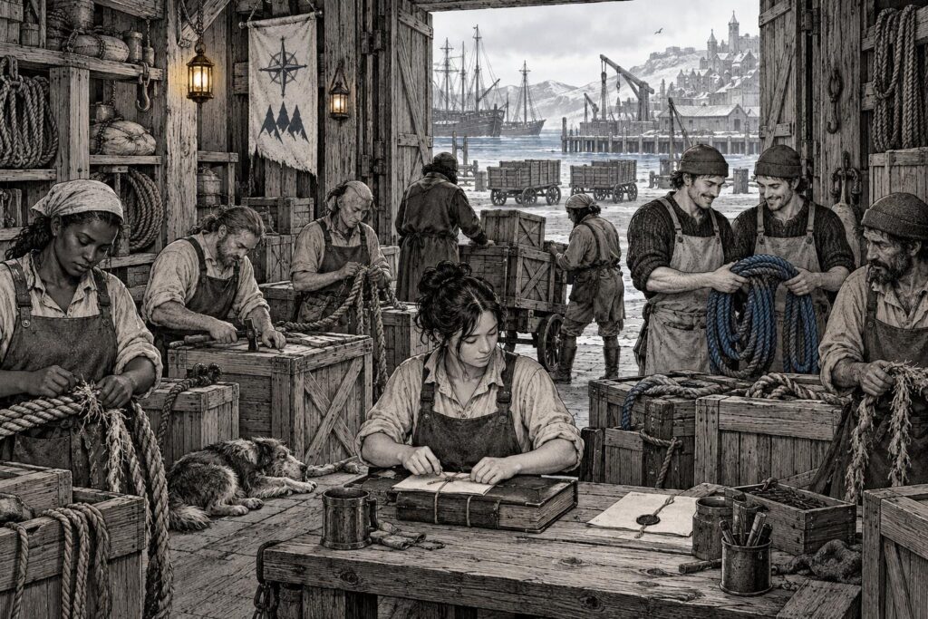 Ordinary workers mend ropes and pack supply crates in a harbor warehouse, with a ledger and sealed papers beside their workbench.