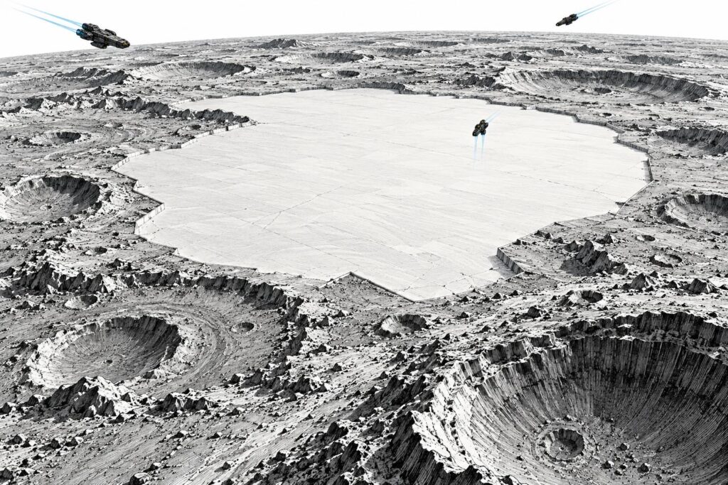 A smooth, sharply bounded plain interrupts overlapping craters on a barren planet, while several small spacecraft approach above it.