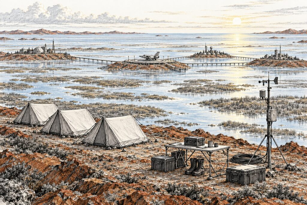 An orderly, deserted survey camp overlooks vast pale wetlands, rust-colored ridges, and a shared spacecraft landing field linking three communities.