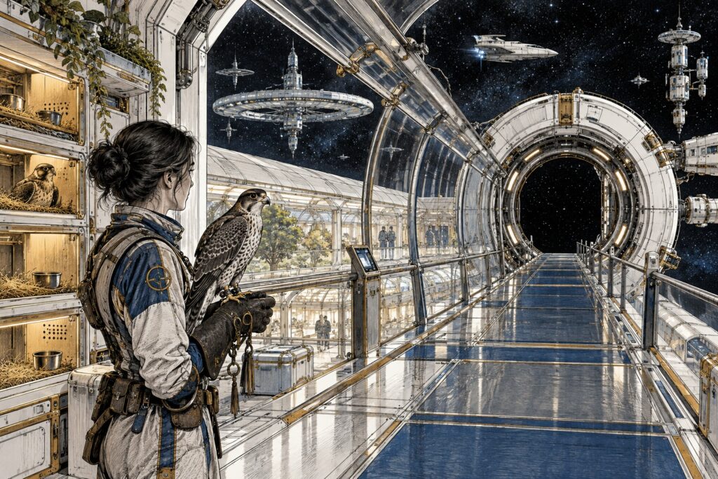 A bird handler stands in a space habitat beside nesting boxes and an enclosed bridge ending at an empty docking collar.