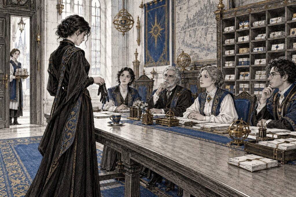 A visitor removes a glove at an archive table while the assembled members watch in silence.
