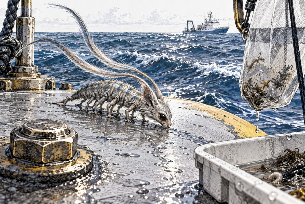 A tiny long-bodied creature with trailing ear tufts follows a wet scent trail across an ocean research float.