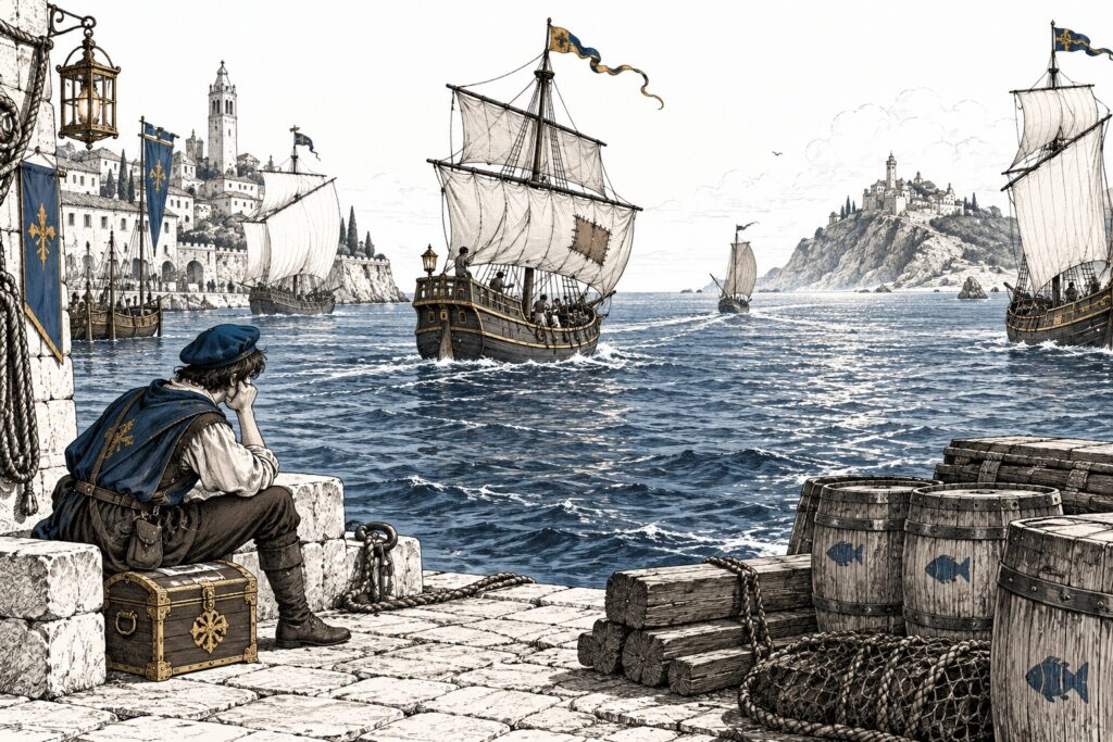 A reefed caravel with a patched sail follows another vessel past a harbor where a courier waits with a chest.