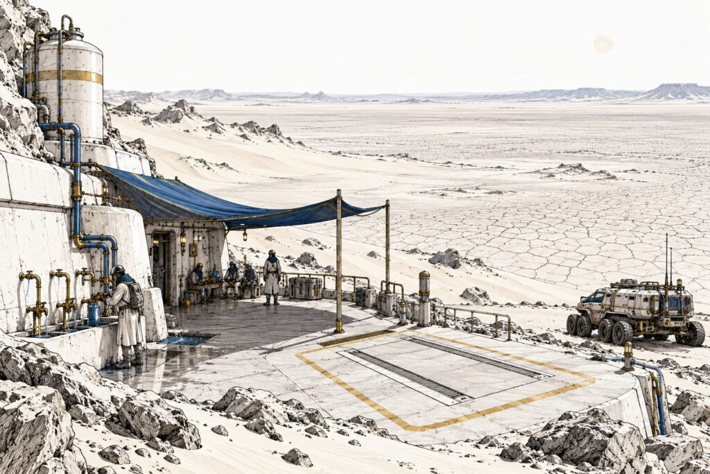 A water cooperative overlooks pale dunes and a cracked desert basin, with one shaded caravan berth empty.