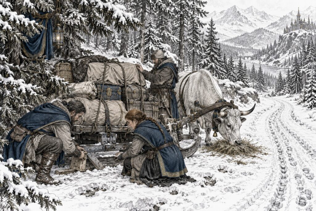A crew tends an ox sled concealed behind fir branches, with covered supplies on its broad bed.