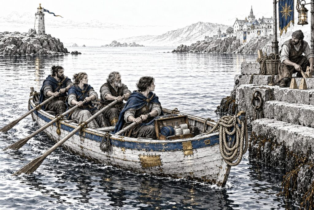A patched coastal rowing boat approaches stone steps with its crew and a neatly maintained emergency chest.