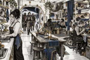 Visitors wait beside a communal kitchen while an appointed mediator finishes washing a cup.