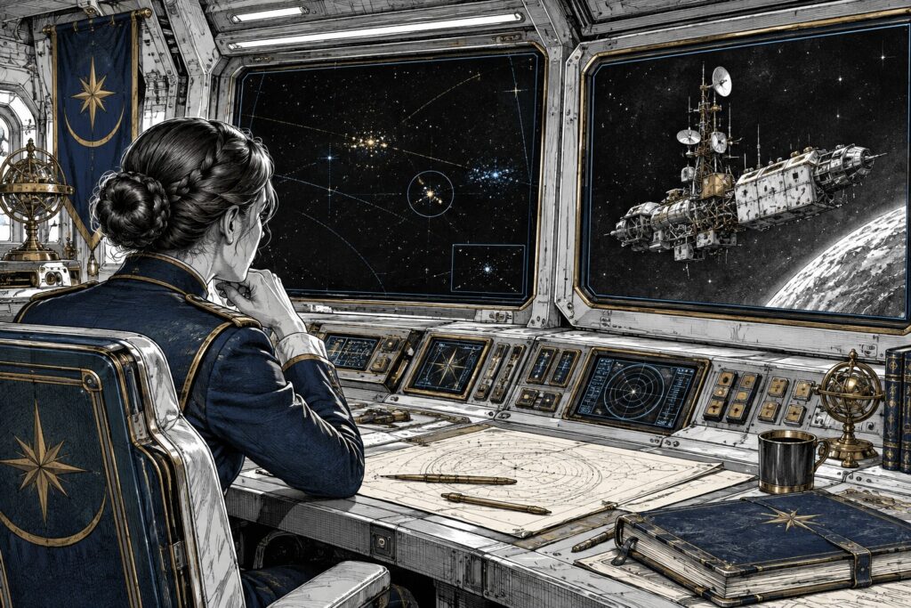 An officer studies signals and a received image of a patched exploration vessel during a distant exchange of fire.