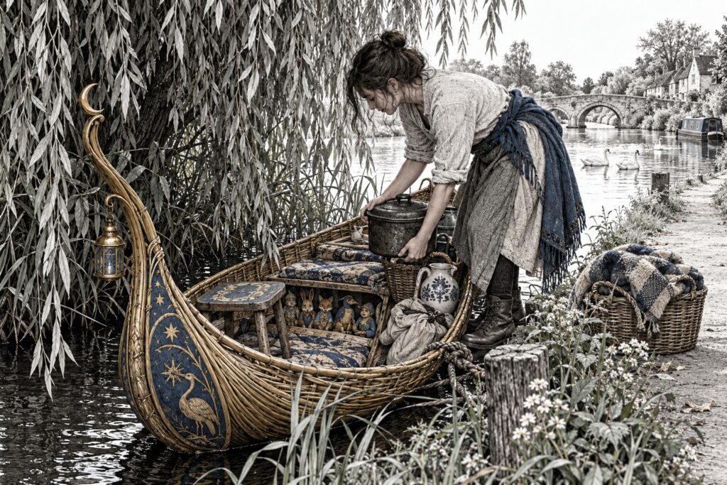 A small reed boat waits beneath willow branches with household bundles and a stool tied across its bow.