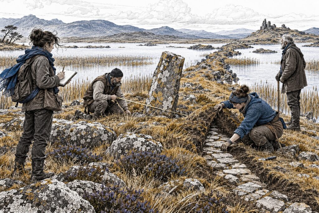 Surveyors compare an old marker with a hidden stone approach beside a narrow crossing between reed beds.
