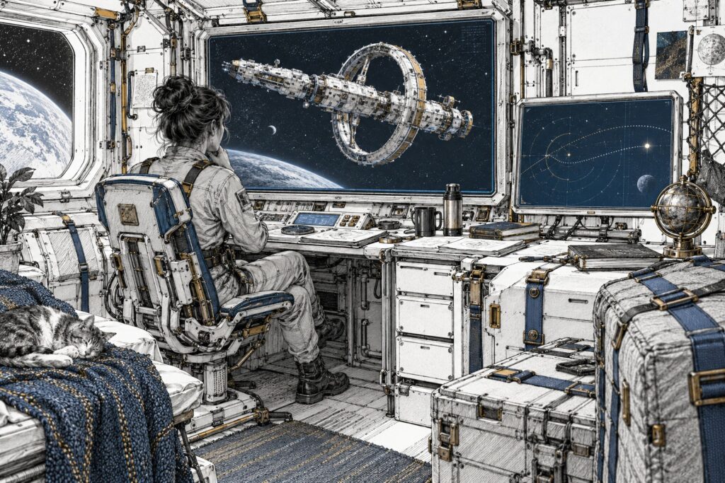 A communications display shows an exploration vessel's rotating habitation module beside a distant contact plot.