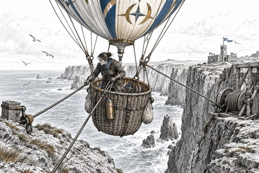 A handler tends the tethers of a small observation balloon suspended beside a cliff, with a message case on its basket.
