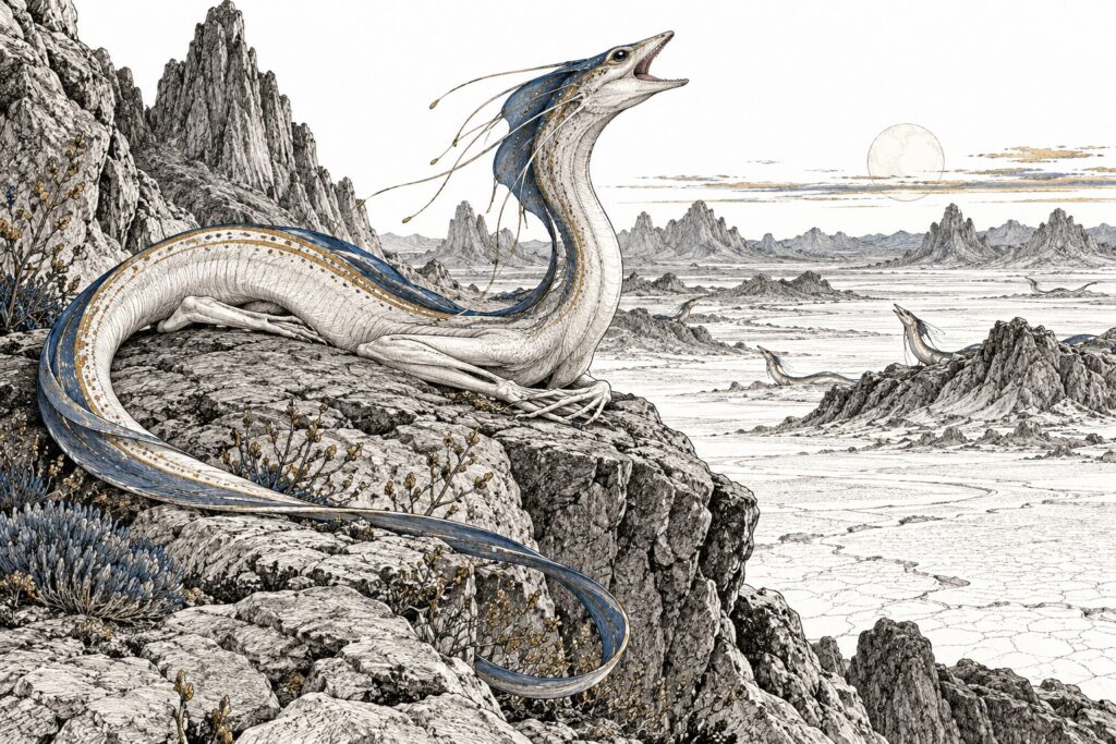 A ribbonlike desert creature rests on a rock ledge with long fingers folded beneath its chest.