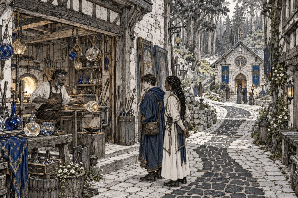 Visitors pause at an open glass workshop beside a village street paved with contrasting repair stones.