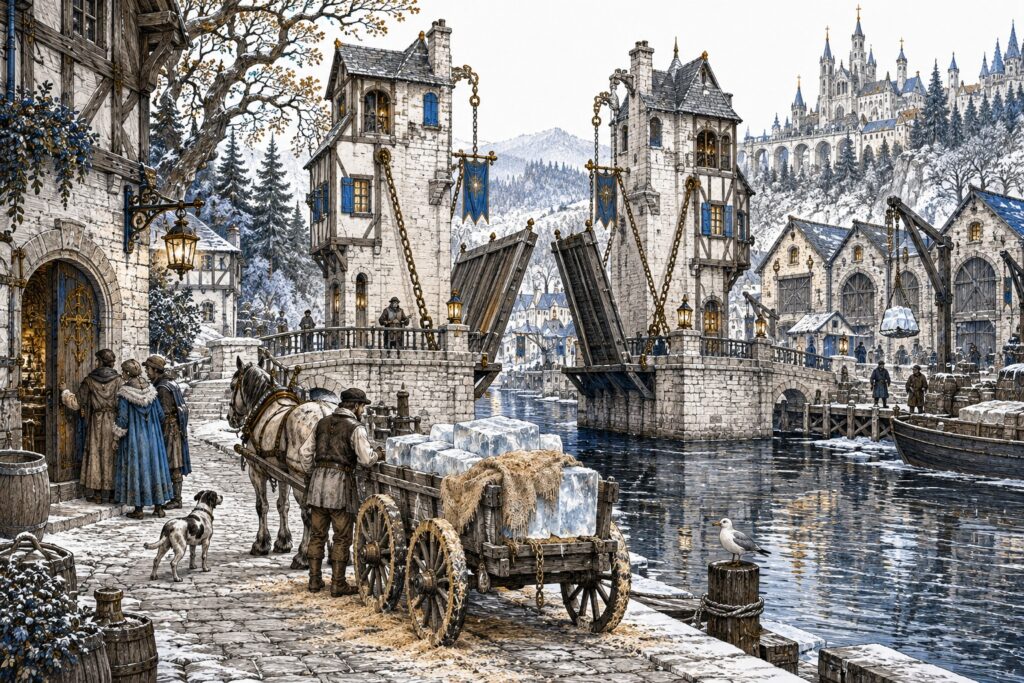 An ice cart waits beside a lifting bridge whose chains vanish into neighboring houses.