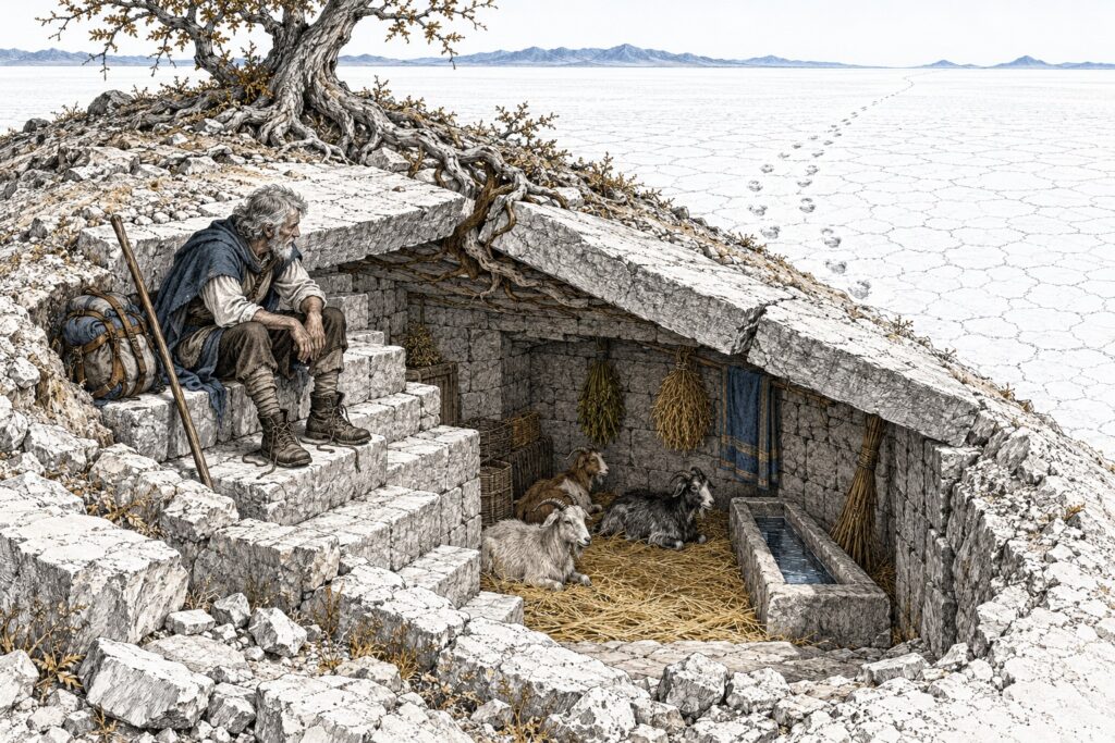 A weary traveler rests on steps beneath a thorn tree whose roots split a buried roof, revealing three goats in a tended shelter beside a salt flat.